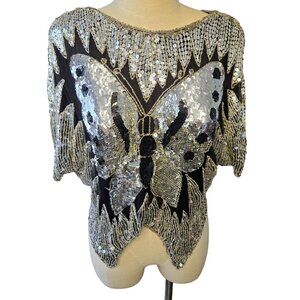 Women's Vintage Blouse Sequin Glam Top Hand Beaded Black Silver Butterfly !00% S